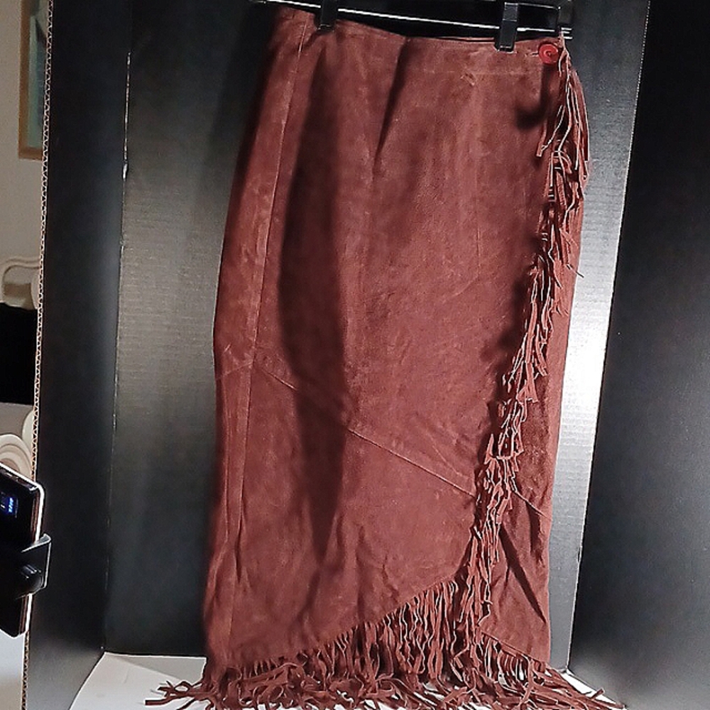 Vintage KENAR '80’s 100% Leather Asymmetrical Fringe Western Cowgirl Brown Skirt